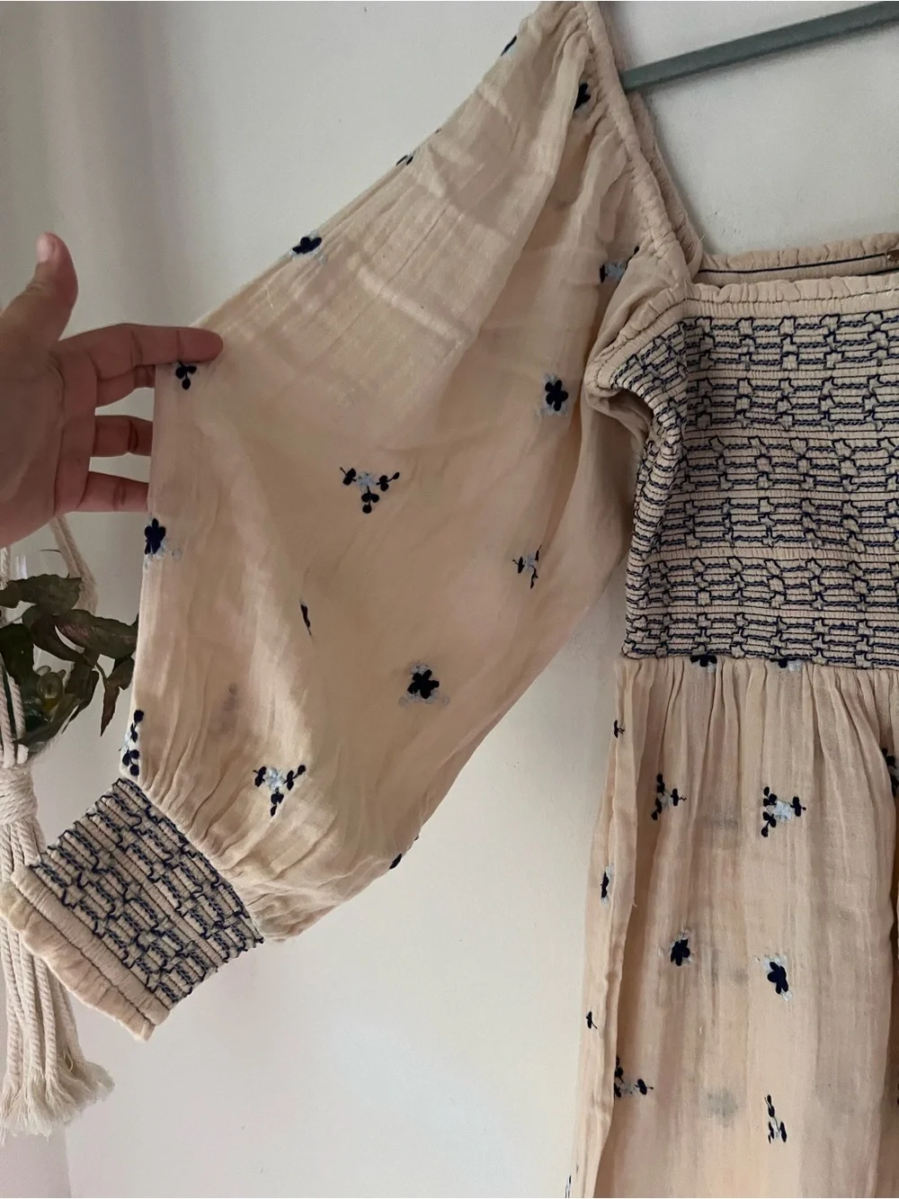 Free People Dahlia Smocked Wide Balloon Leg Jumpsuit Ecru Boho Embroidered  Sz L